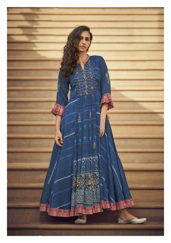 Women's  Blue Silk Blend Bollywood Kurta - Ad-2007 - Navyaa