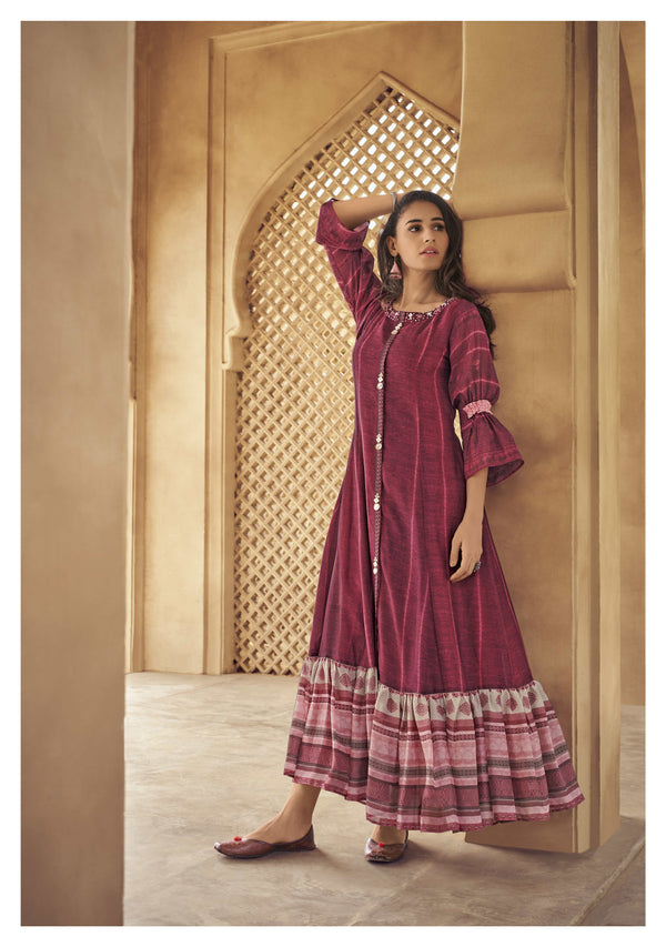 Women's  Maroon Silk Blend Bollywood Kurta - Ad-2011 - Navyaa