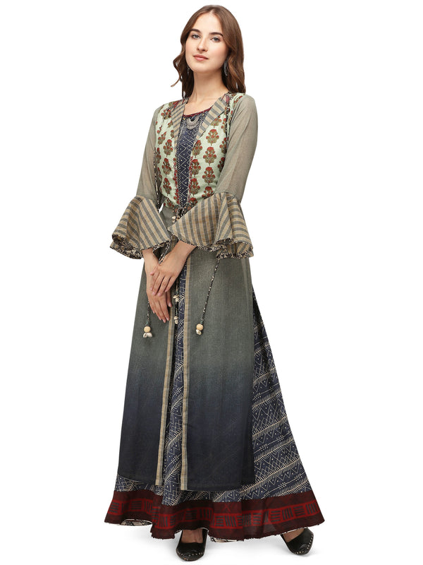 Women's Multi Color Blend Cotton Printed Gown And Jacket Ad-3005 - Navyaa