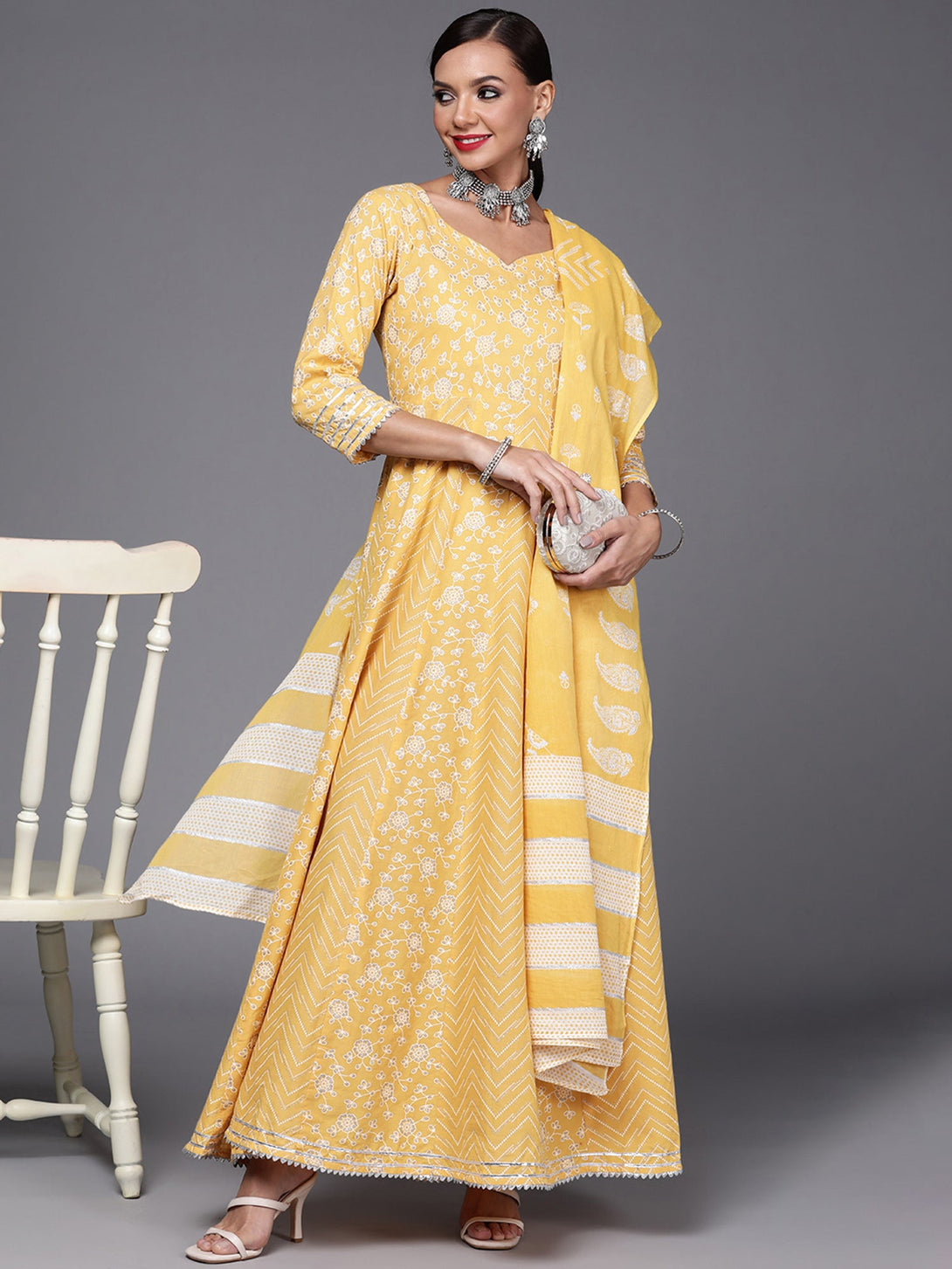 Women's Yellow Floral Printed A-Line Dresses With Dupatta Set - Indo Era