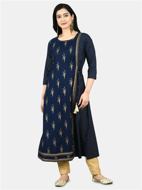 Women's Navy Blue Rayon Gold Printed  Printed 3/4 Sleeve Round Neck Casual Kurta Pant Set - Myshka