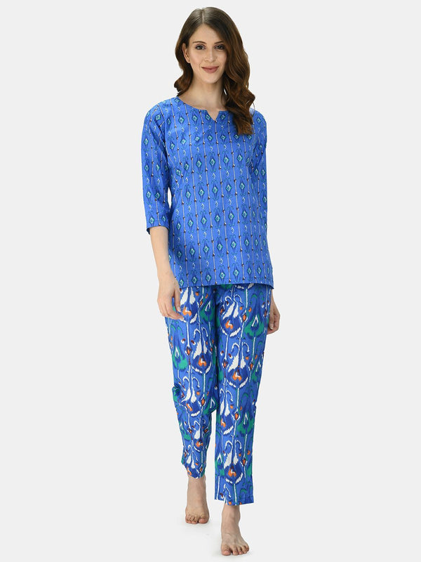 Women's Robin Blue Cotton Printed Half Sleeve V Neck Casual Night Suit - Myshka