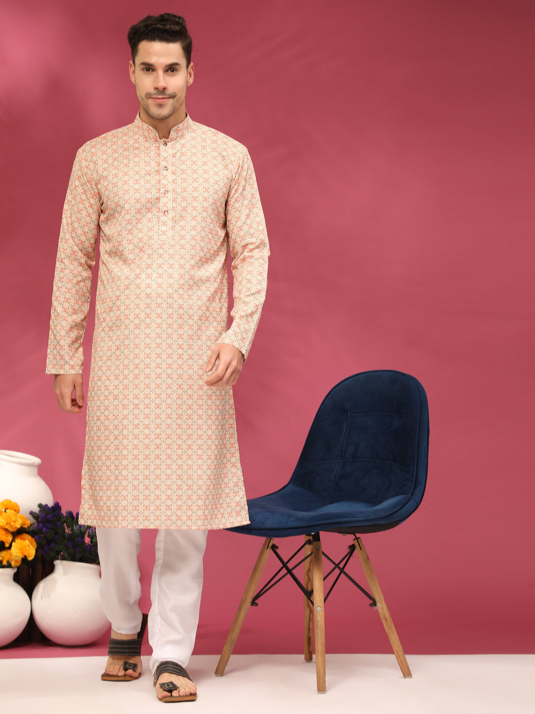 Men's Buff Beige Sequins Cotton Silk  Kurta  (Stitched ) - Aastha Fashion Men