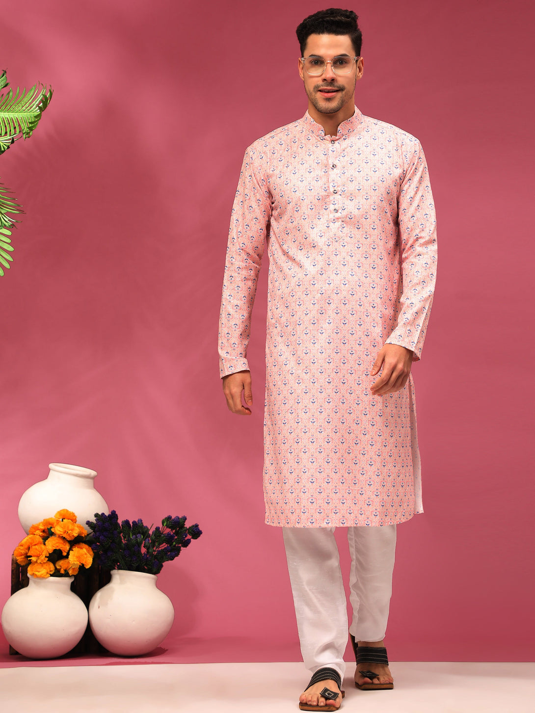 Men's Crepe Pink Sequins Cotton Silk  Kurta  (Stitched ) - Aastha Fashion Men