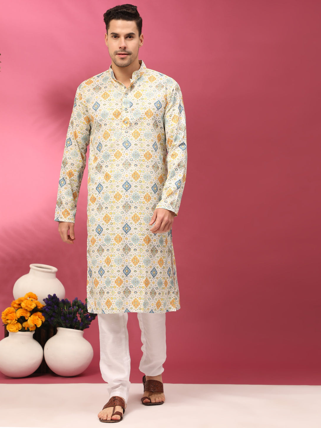 Men's Ivory White Sequins Cotton Silk  Kurta  (Stitched ) - Aastha Fashion Men