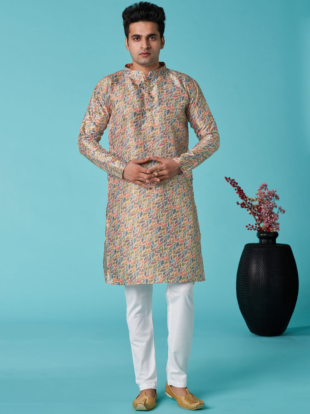 Men's Multicolor Sequins Cotton Silk  Kurta  (Stitched ) - Aastha Fashion Men