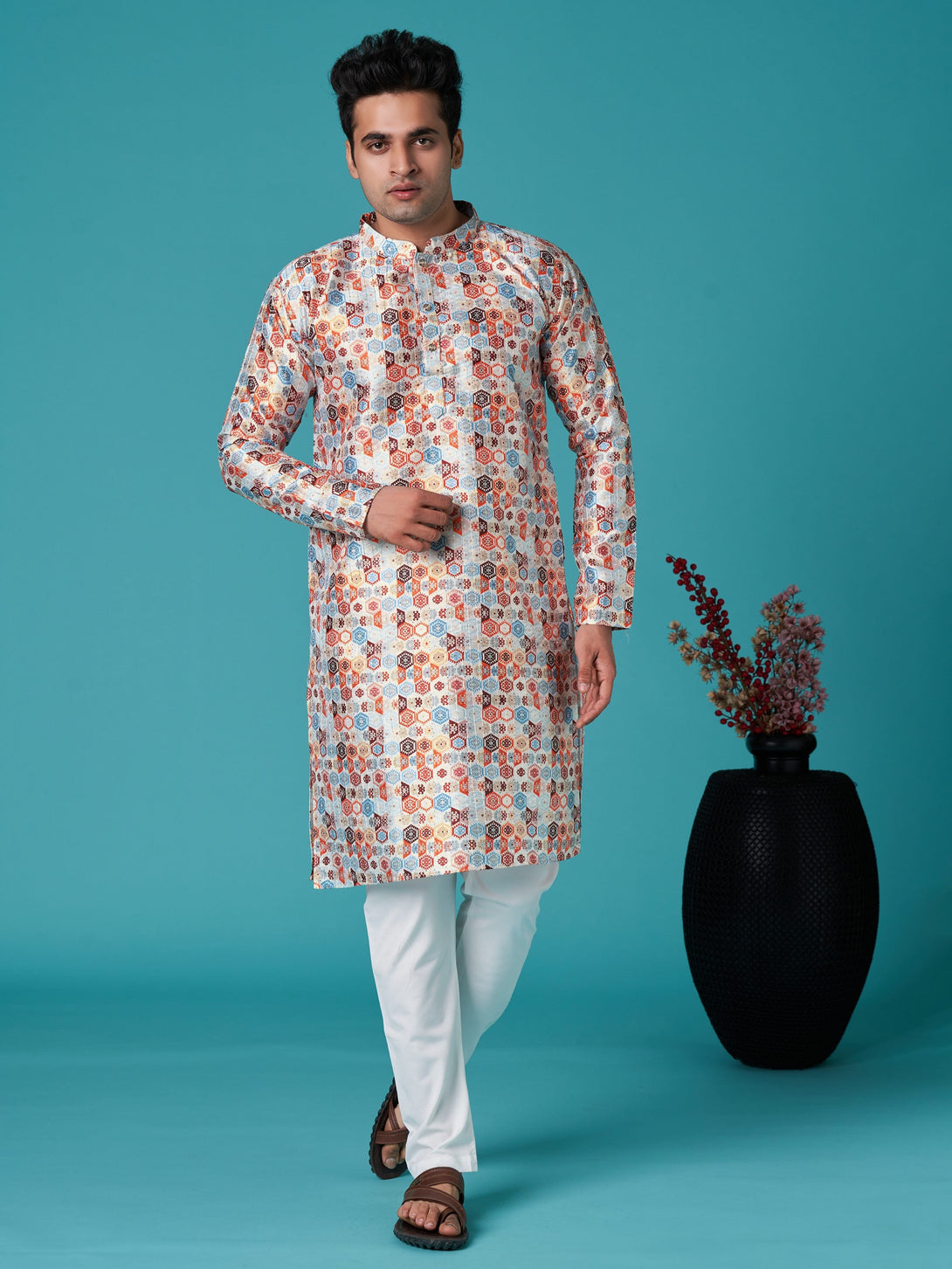 Men's Multicolor Sequins Cotton Silk  Kurta  (Stitched ) - Aastha Fashion Men