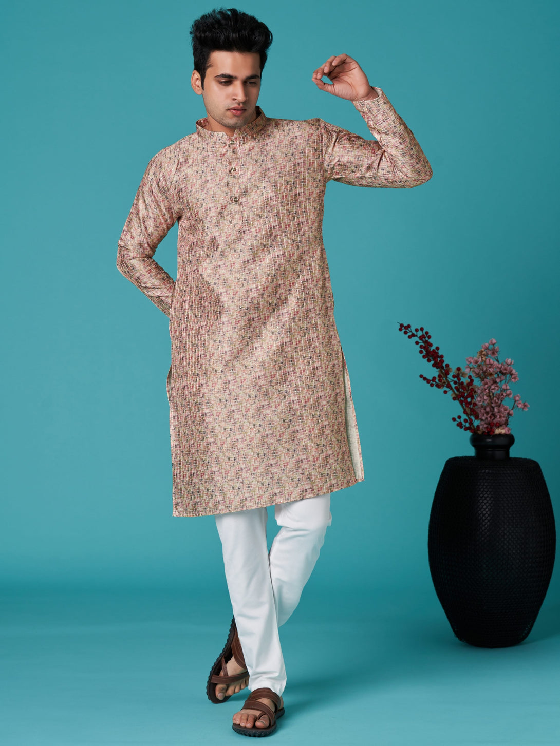 Men's Multicolor Sequins Cotton Silk  Kurta  (Stitched ) - Aastha Fashion Men