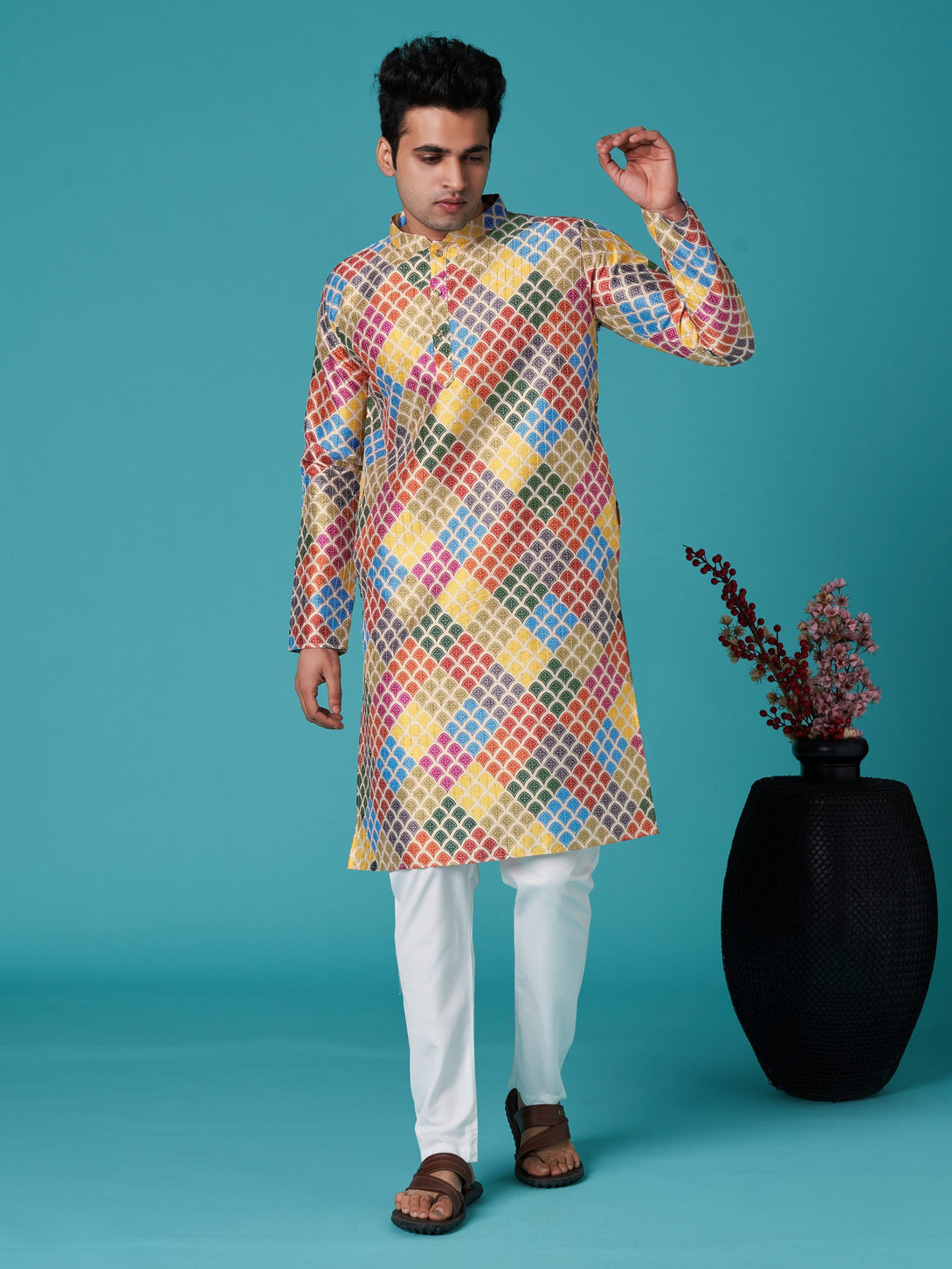 Men's Multicolor Sequins Cotton Silk  Kurta  (Stitched ) - Aastha Fashion Men