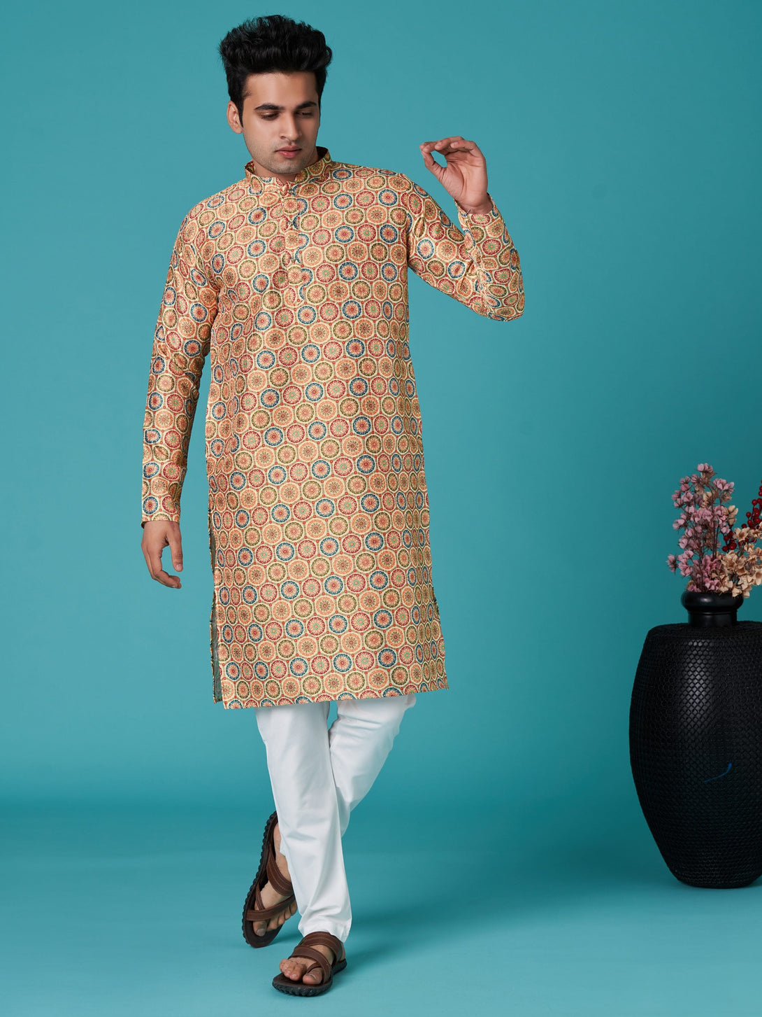 Men's Multicolor Sequins Cotton Silk  Kurta  (Stitched ) - Aastha Fashion Men