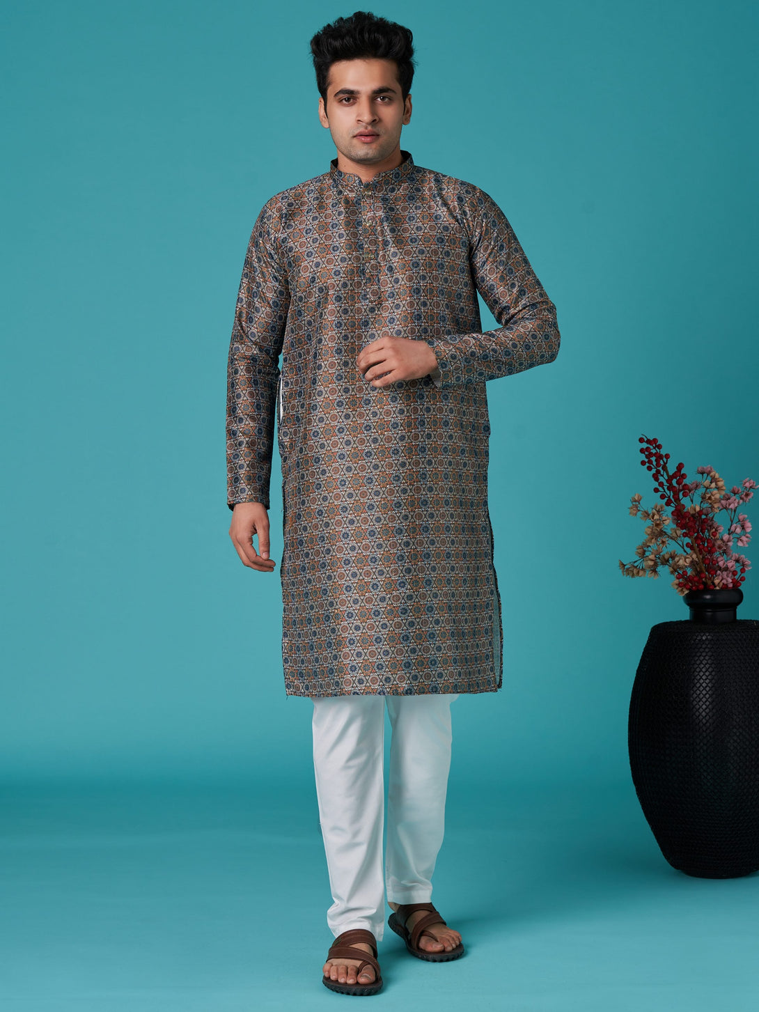 Men's Multicolor Sequins Cotton Silk  Kurta  (Stitched ) - Aastha Fashion Men