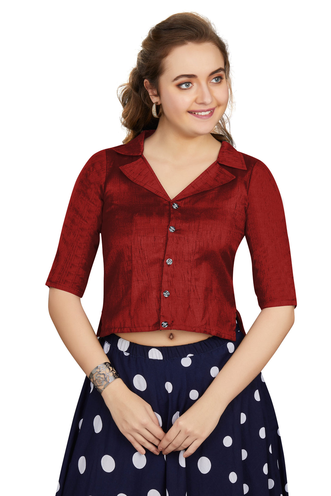 Women's Maroon Art Silk Button Readymade Blouse  (Stitched ) - Aastha Fashion