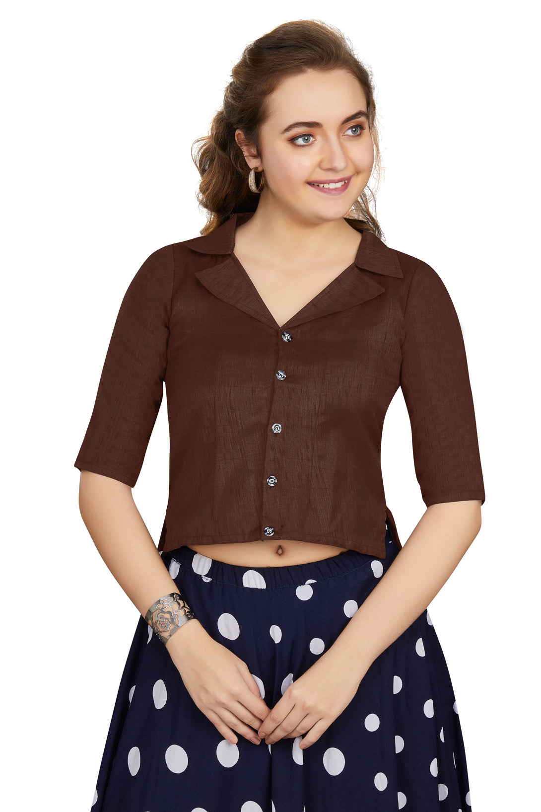 Women's Coffee Art Silk Button Readymade Blouse  (Stitched ) - Aastha Fashion