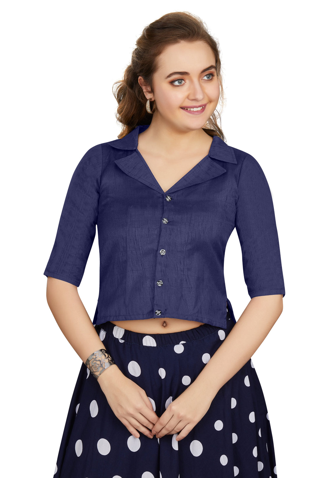 Women's Navy Blue Art Silk Button Readymade Blouse  (Stitched ) - Aastha Fashion