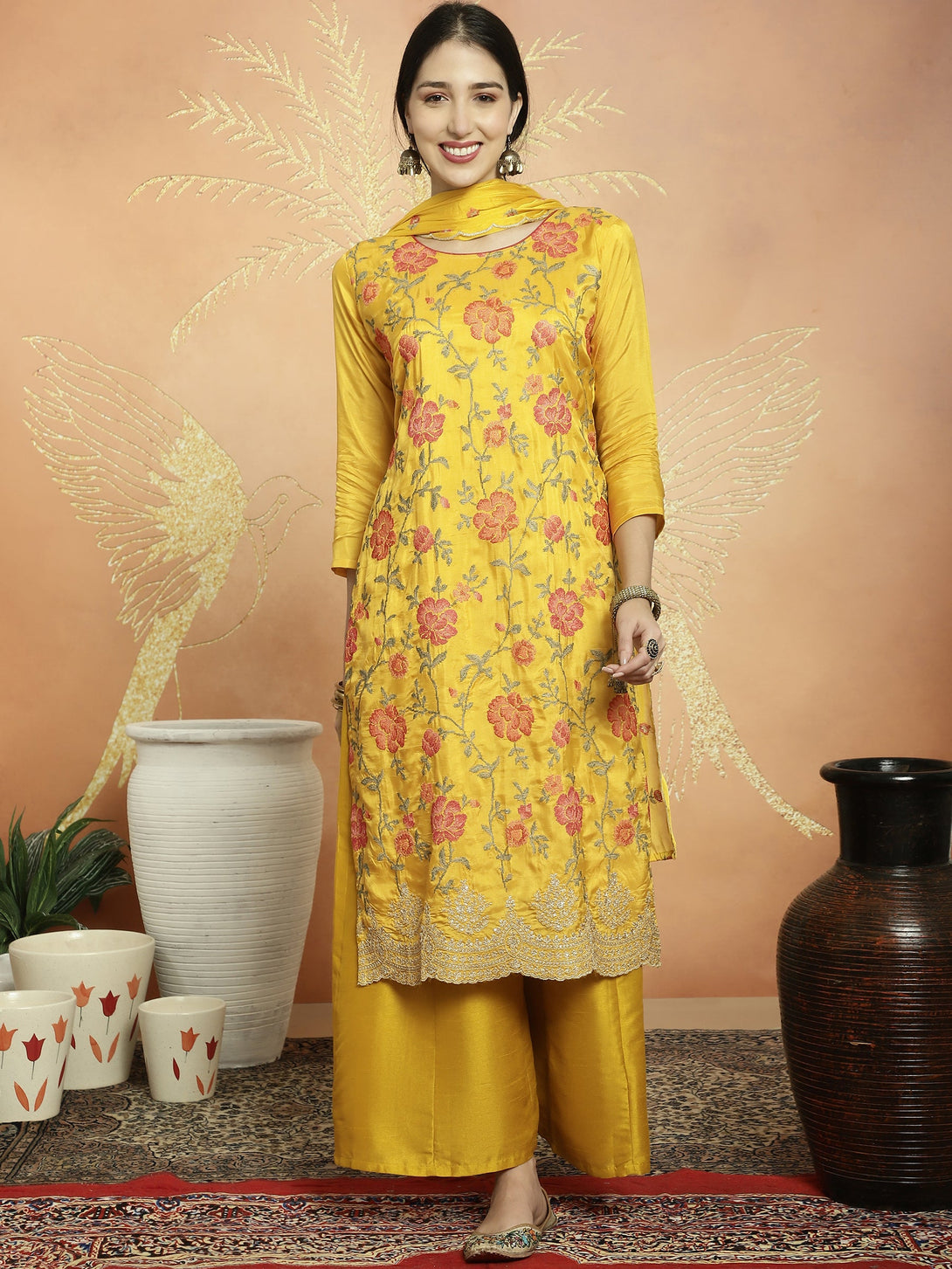 Women's Yellow Upada Silk Floral Resham Thread  Dress Material  (Unstitched ) - Aastha Fashion