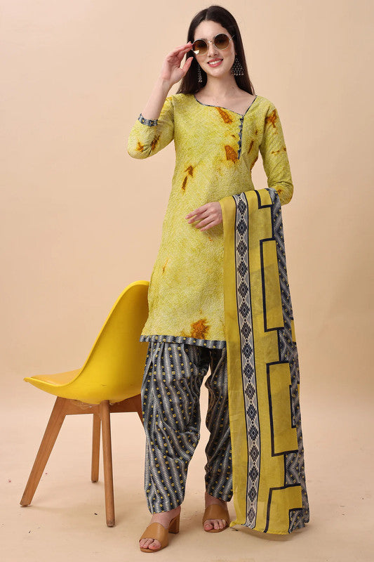 Women's Yellow Cotton Blend Embroidered Kurta With Trouser & Dupatta  (Semistitched (SKD) ) - Aastha Fashion