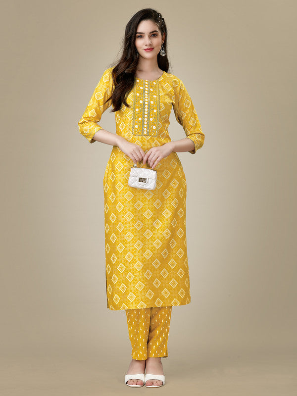 Women's Yellow Rayon Embroidered Kurta Pant Set - Jyoti Fashion