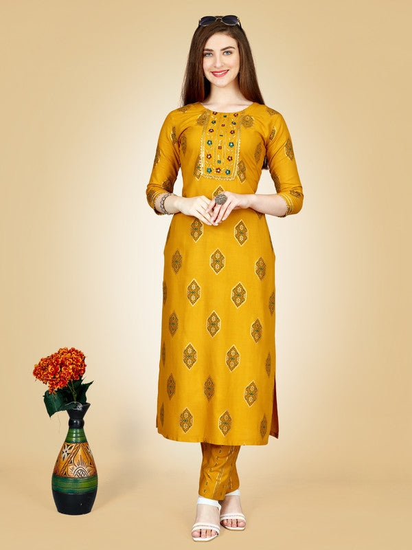 Women's Yellow Viscose Rayon Embroidered Kurta Pant Set - Jyoti Fashion