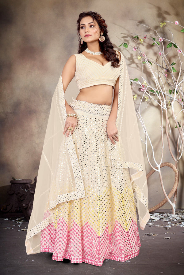 Women's Butter Cream Sequin With Thread Zari Embroidery Georgette Lehenga Choli With Dupatta  (Semi-Stitched ) - Aastha Fashion