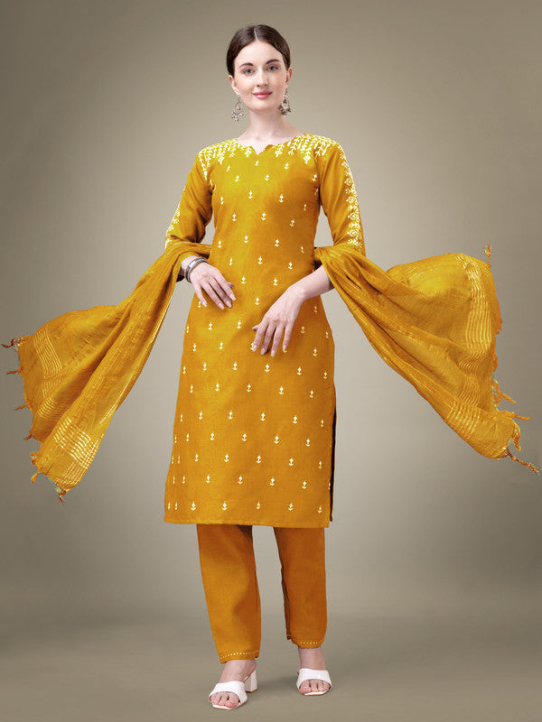 Women's Yellow Cotton Blend Embroidery & Sequence Work Kurta With Trouser & Dupatta  (Stitched ) - Aastha Fashion