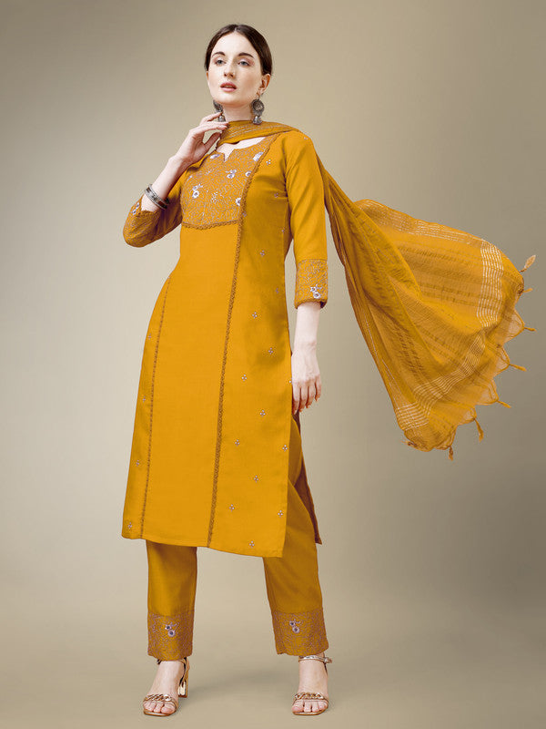 Women's Yellow Cotton Blend Embroidery & Fancy Lace Work Kurta With Trouser & Dupatta  (Stitched ) - Aastha Fashion