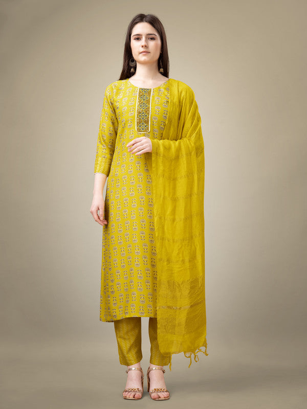 Women's Yellow Rayon Embroidery & Sequence Work Kurta With Trouser & Dupatta  (stitched 40 size, Alt 38 to 44 size) - Aastha Fashion