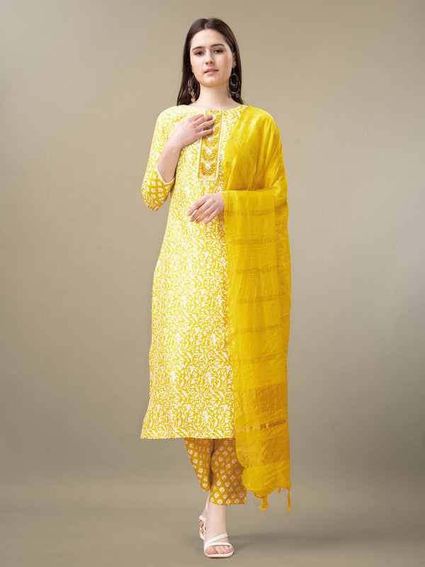 Women's Yellow Rayon Embroidery & Sequence Work Kurta With Trouser & Dupatta  (stitched 40 size, Alt 38 to 44 size) - Aastha Fashion