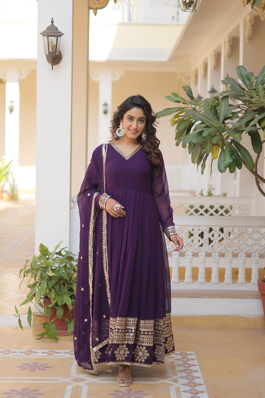 Women's Purple Faux Georgette Sequins Embroidered Anarkali Dress With Dupatta  (stitched ) - Aastha Fashion