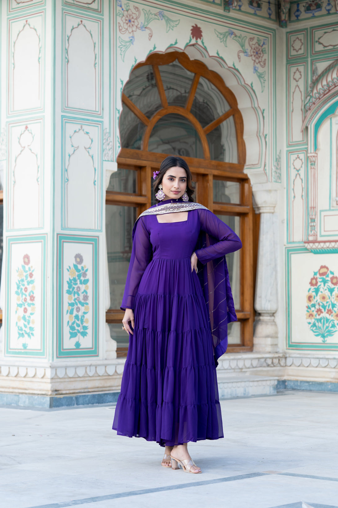 Women's Purple Faux Georgette 5 Layer Frill Work Anarkali Dress With Dupatta  (stitched ) - Aastha Fashion