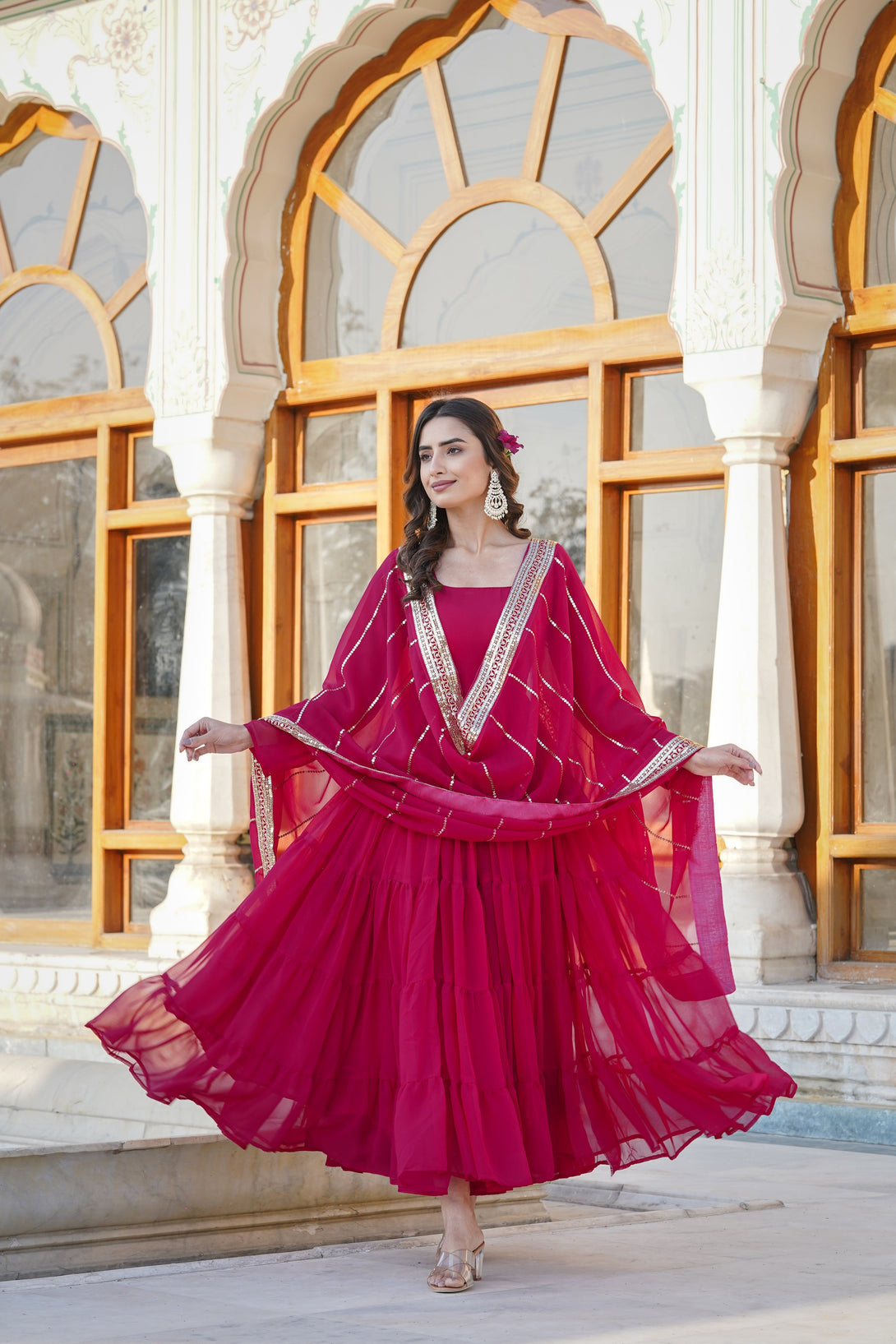 Women's Rani Pink Faux Georgette 5 Layer Frill Work Anarkali Dress With Dupatta  (stitched ) - Aastha Fashion