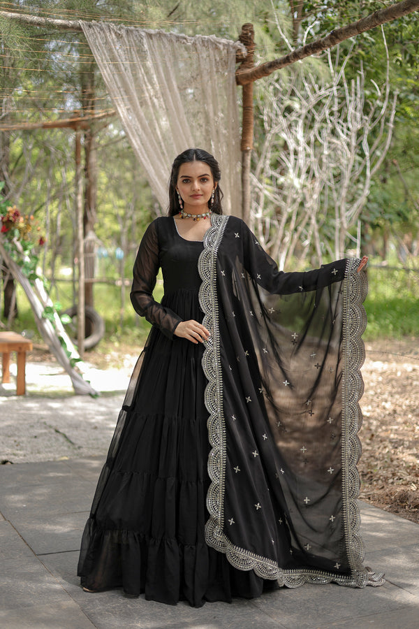 Women's Black Faux Georgette Frill Work Anarkali Dress With Dupatta  (stitched ) - Aastha Fashion