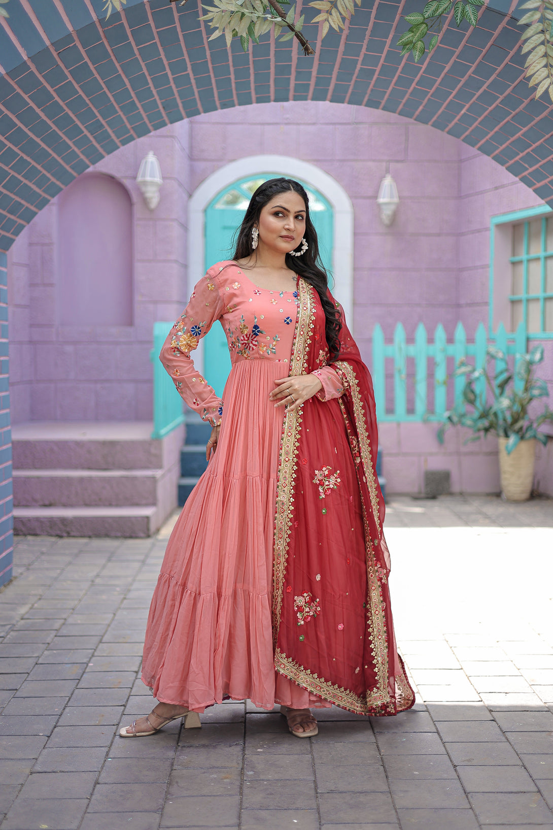 Women's Peach Faux Georgette Thread Embroidered Anarkali Dress With Dupatta  (stitched ) - Aastha Fashion