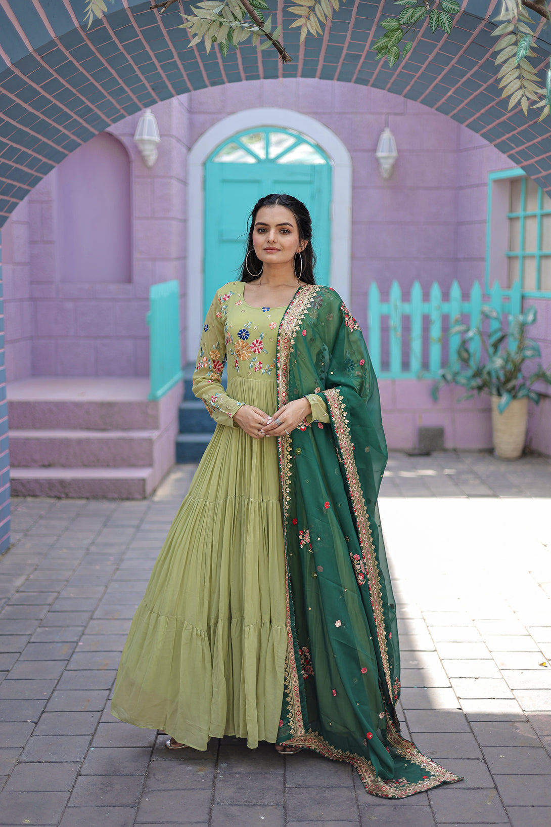 Women's Parrot Green Faux Georgette Thread Embroidered Anarkali Dress With Dupatta  (stitched ) - Aastha Fashion