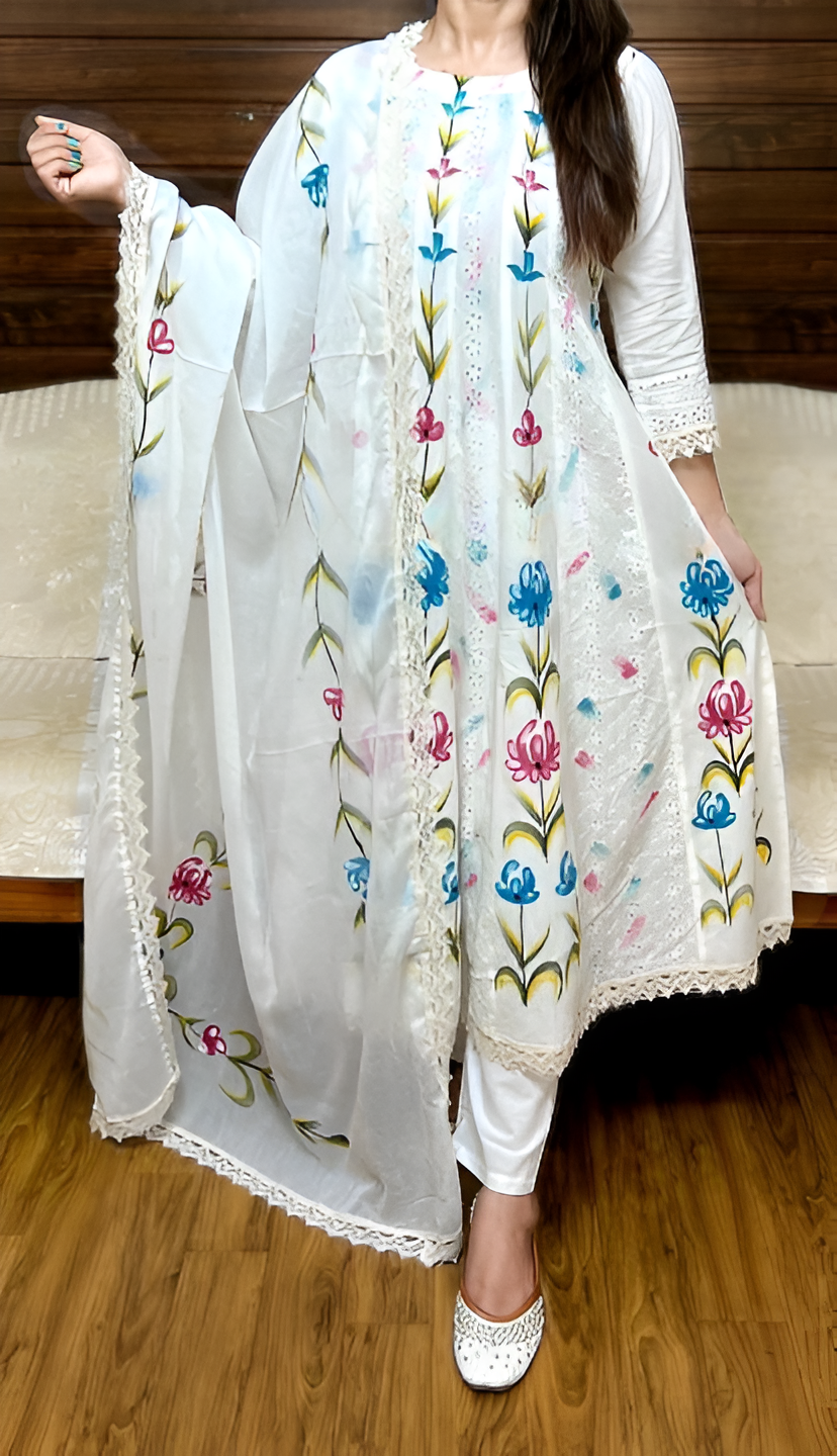 Women's White Cotton Embroidery Kurta Set - Aastha Fashion