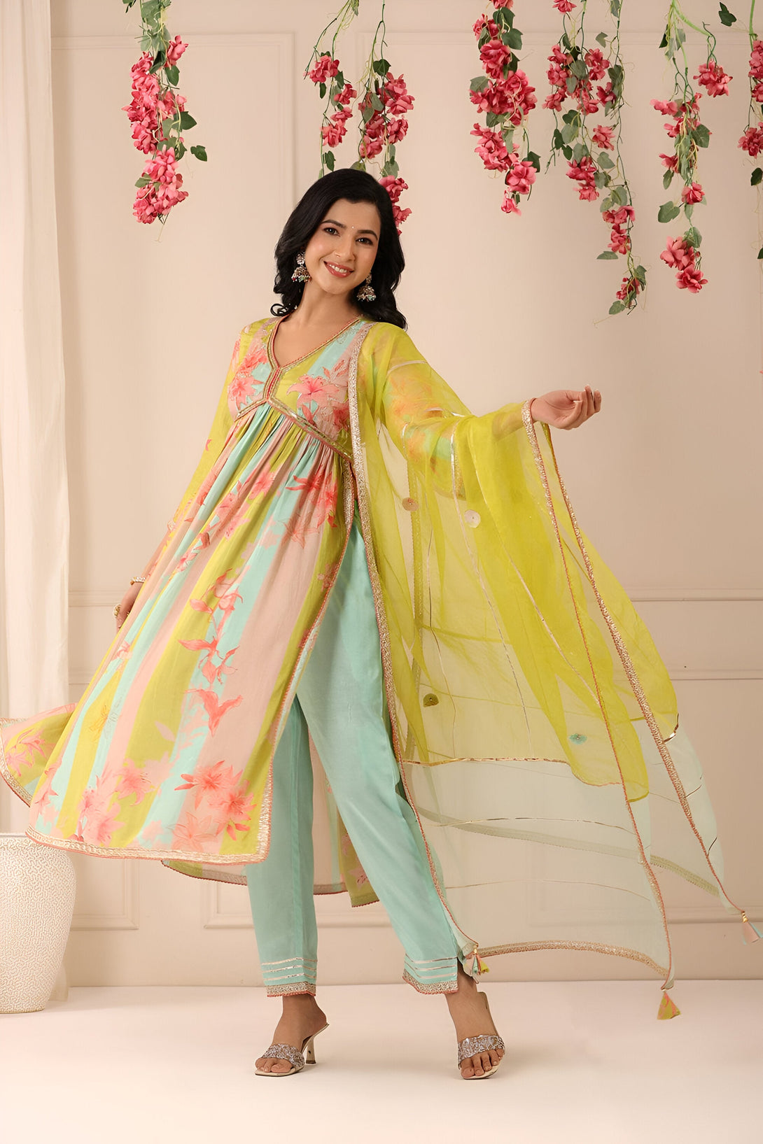 Women's Green Blue Muslin Embroidery Kurta Set - Aastha Fashion