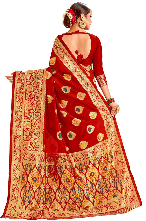 Women's Red And Green Lichi Cotton Woven Saree With Blouse Piece ( Afchyafrgreen )  - Aarvi Fashion