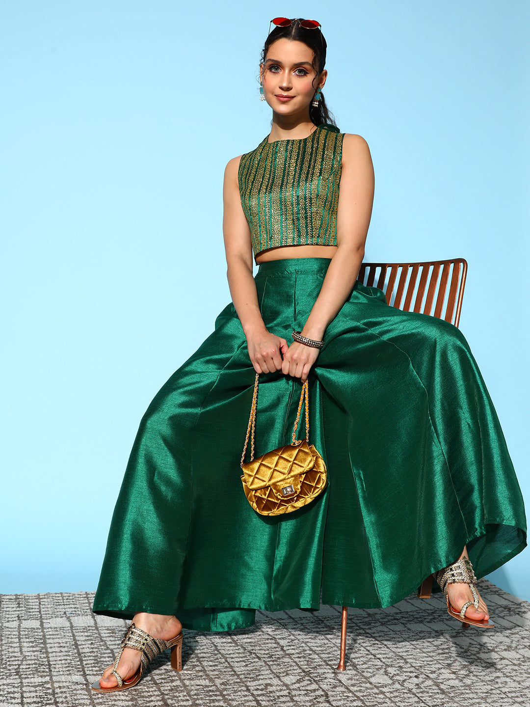 Women's Green & Gold-Toned Printed Co-Ords - Ahalyaa