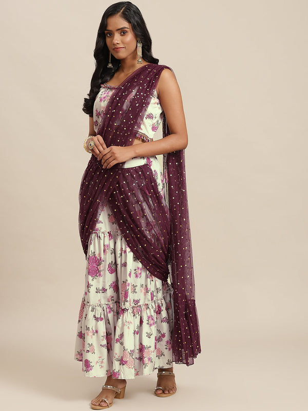 Cream & Maroon Floral Printed Draped Co-ord Sets