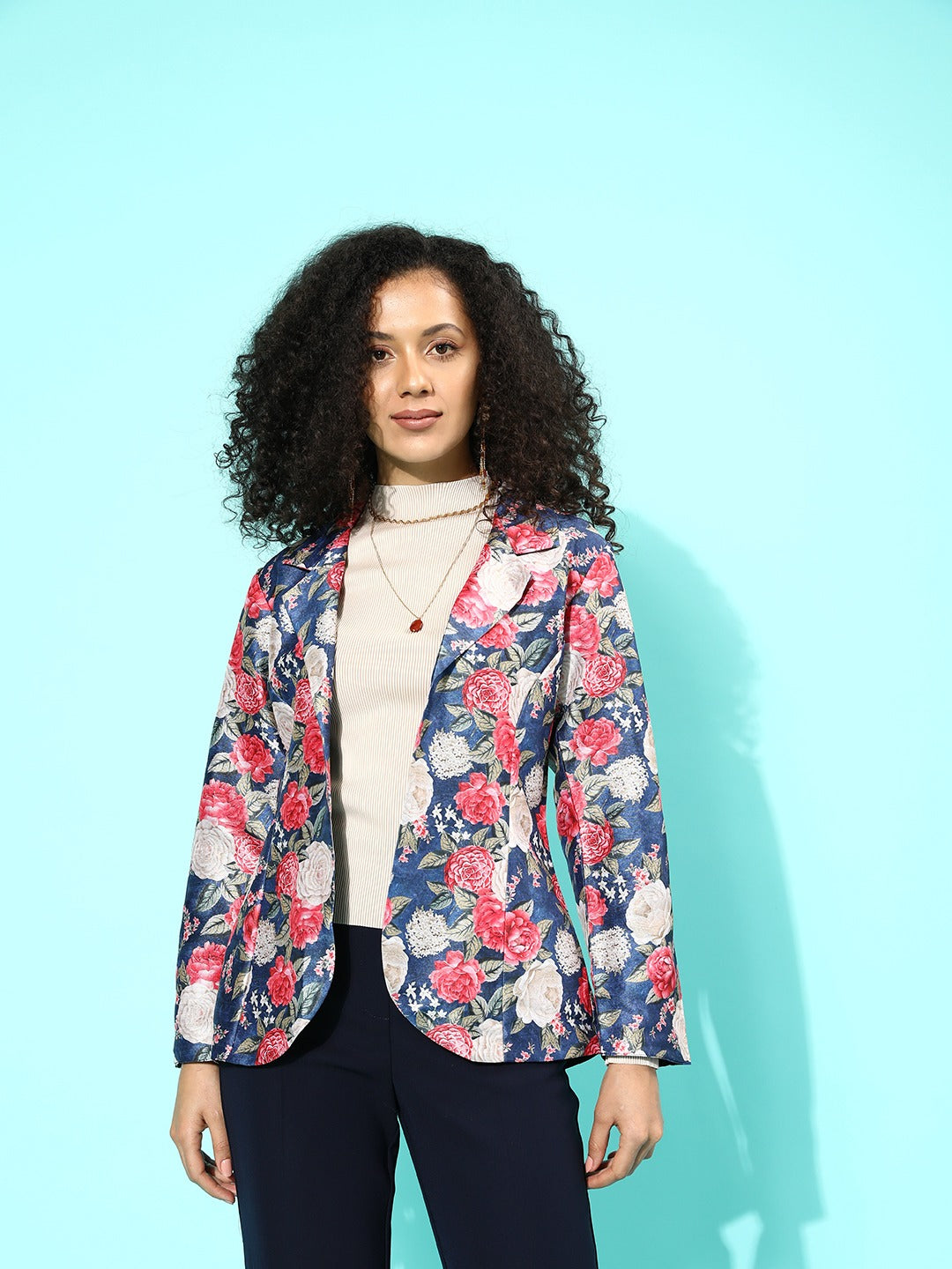 Women's Blue & Pink Floral Print Open Front Blazer - Ahalyaa