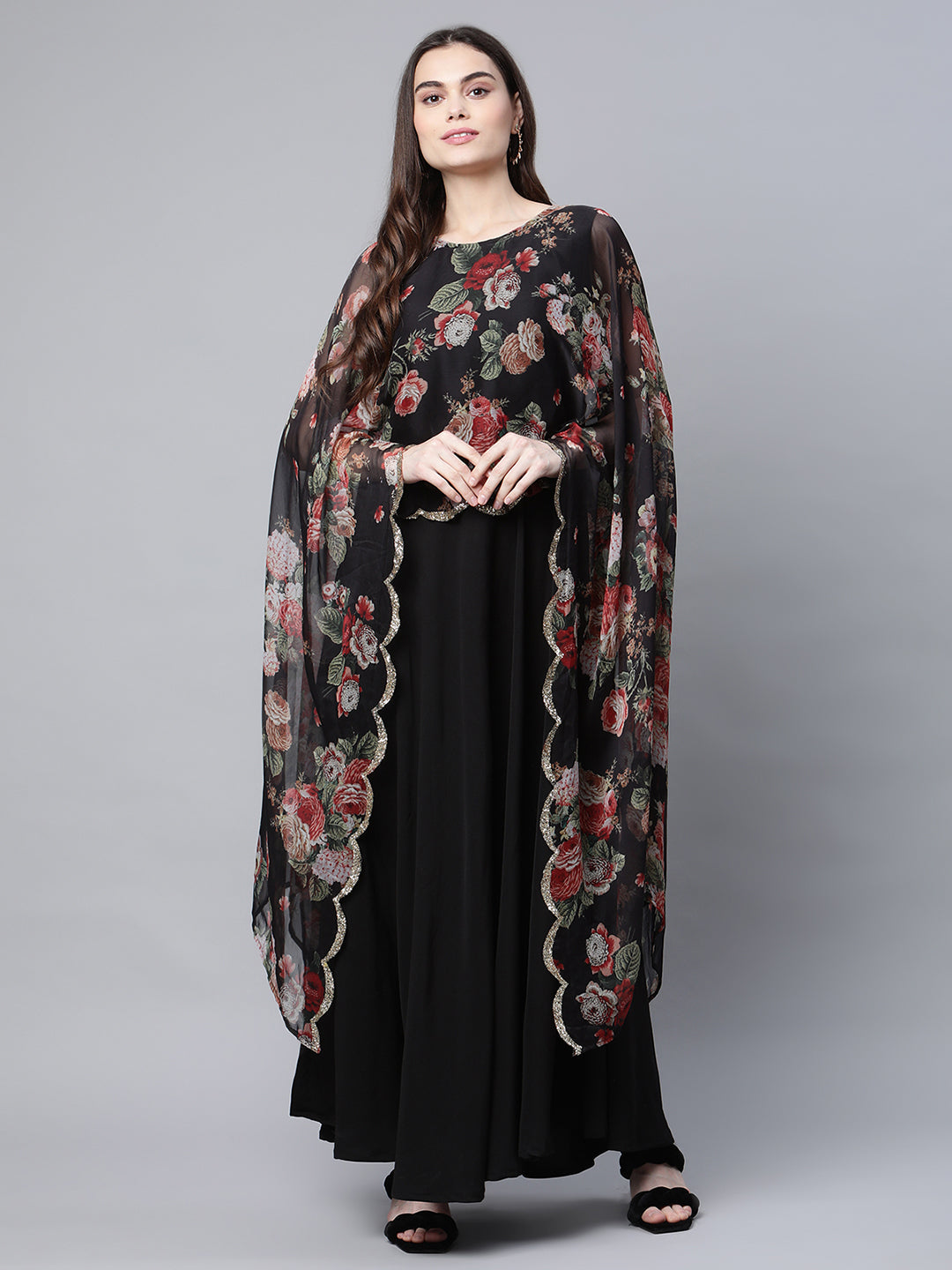 Women's Black Dress With Attached Dupatta By Ahalyaa (1Pc)