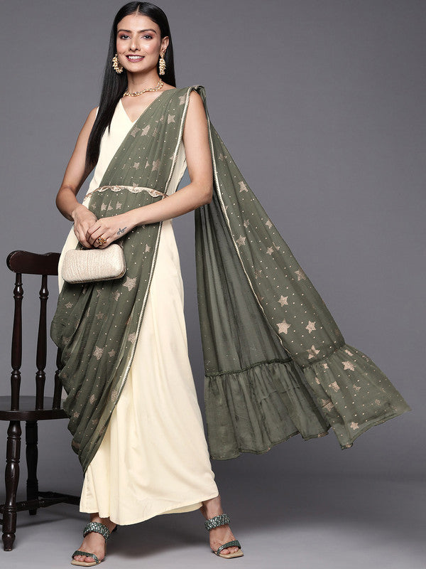 Women's Off White & Olive Green Ethnic Maxi Dress With Attached Dupatta - Ahalyaa