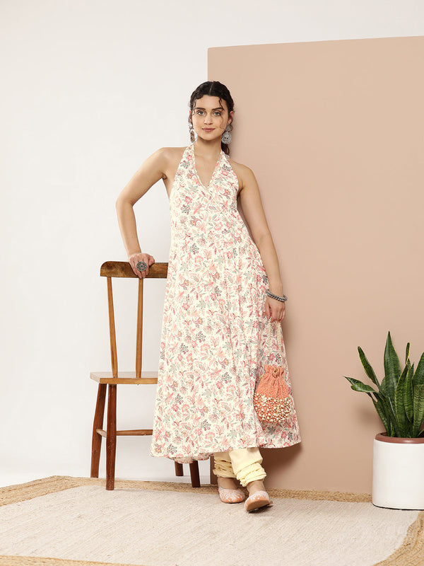 Cream & Pink Floral Printed Gotta Patti Kurta with Churidar