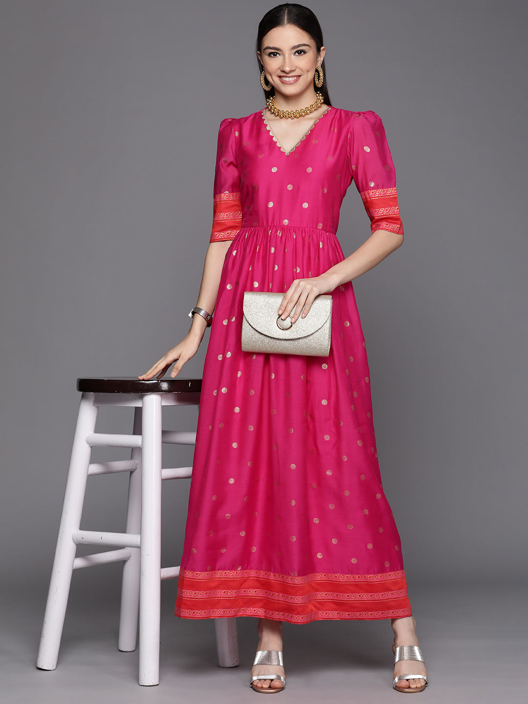 Women's Pink Chanderi Gold Foil Print Dress - Ahalyaa