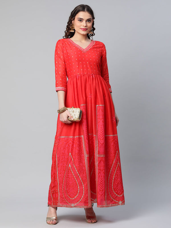 Women's Red Chanderi Khari Printed Dress - Ahalyaa