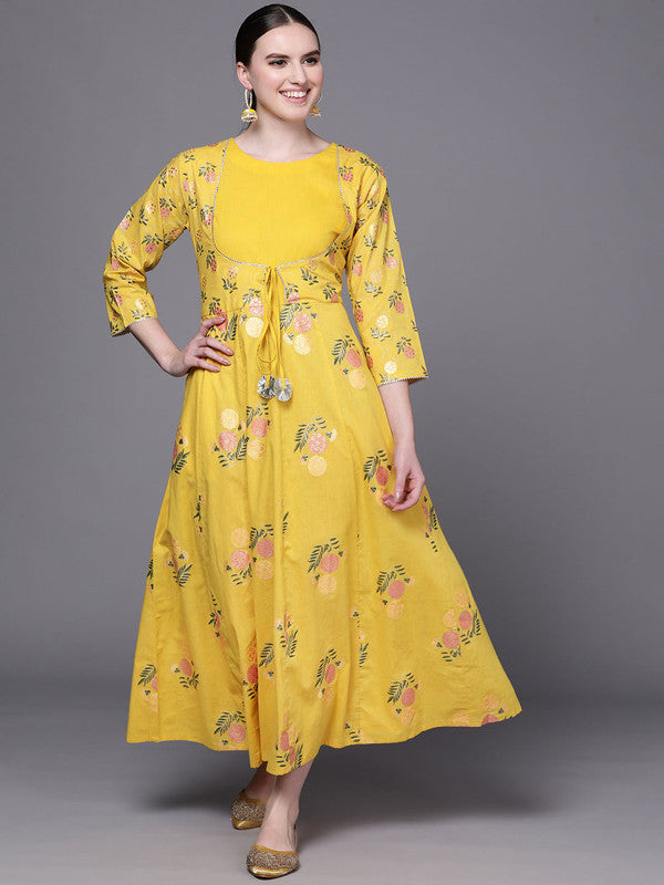 Women's Yellow Floral Fit & Flare Maxi Ethnic Dress - Ahalyaa