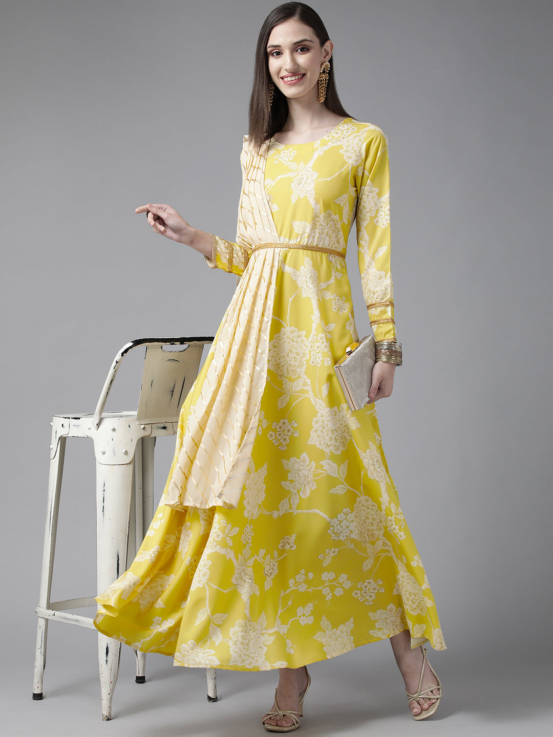 Women's Lemmon Yellow Crepe Digital Printed Drapped Dress - Ahalyaa