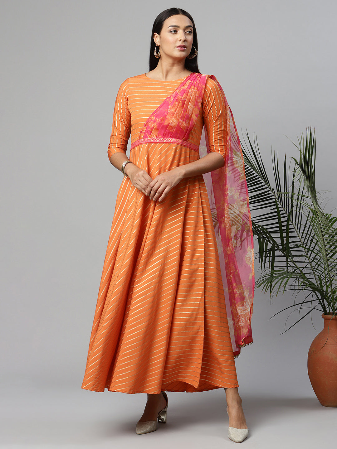 Women's Orange Crepe Gold Print Dress - Ahalyaa