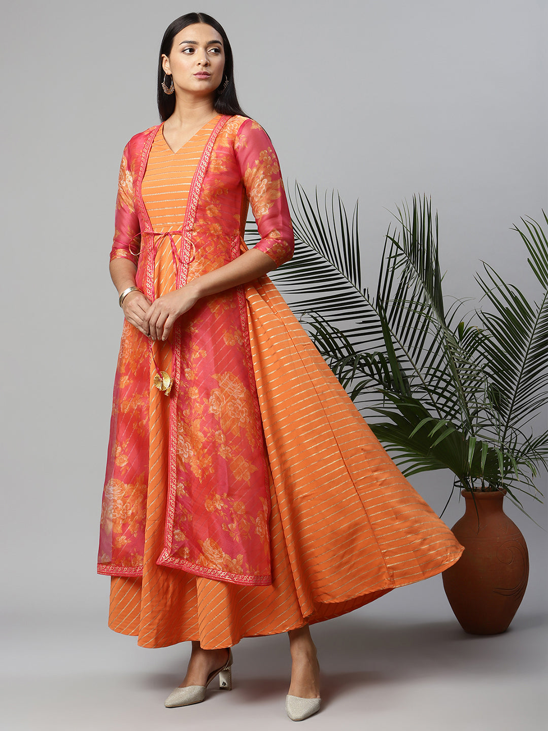 Women's Orange Crepe Printed Dress - Ahalyaa