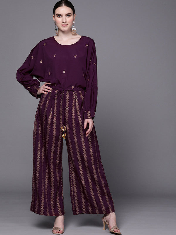 Women's Purple & Golden Printed Basic Jumpsuit - Ahalyaa