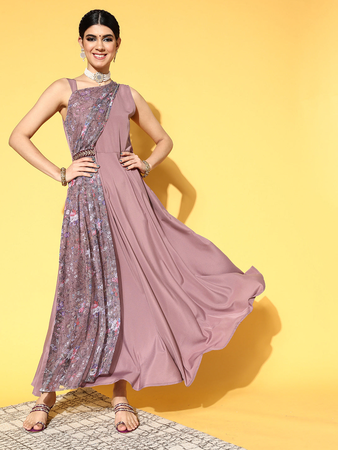 Women's Crepe Mauve Printed Maxi Dress - Ahalyaa